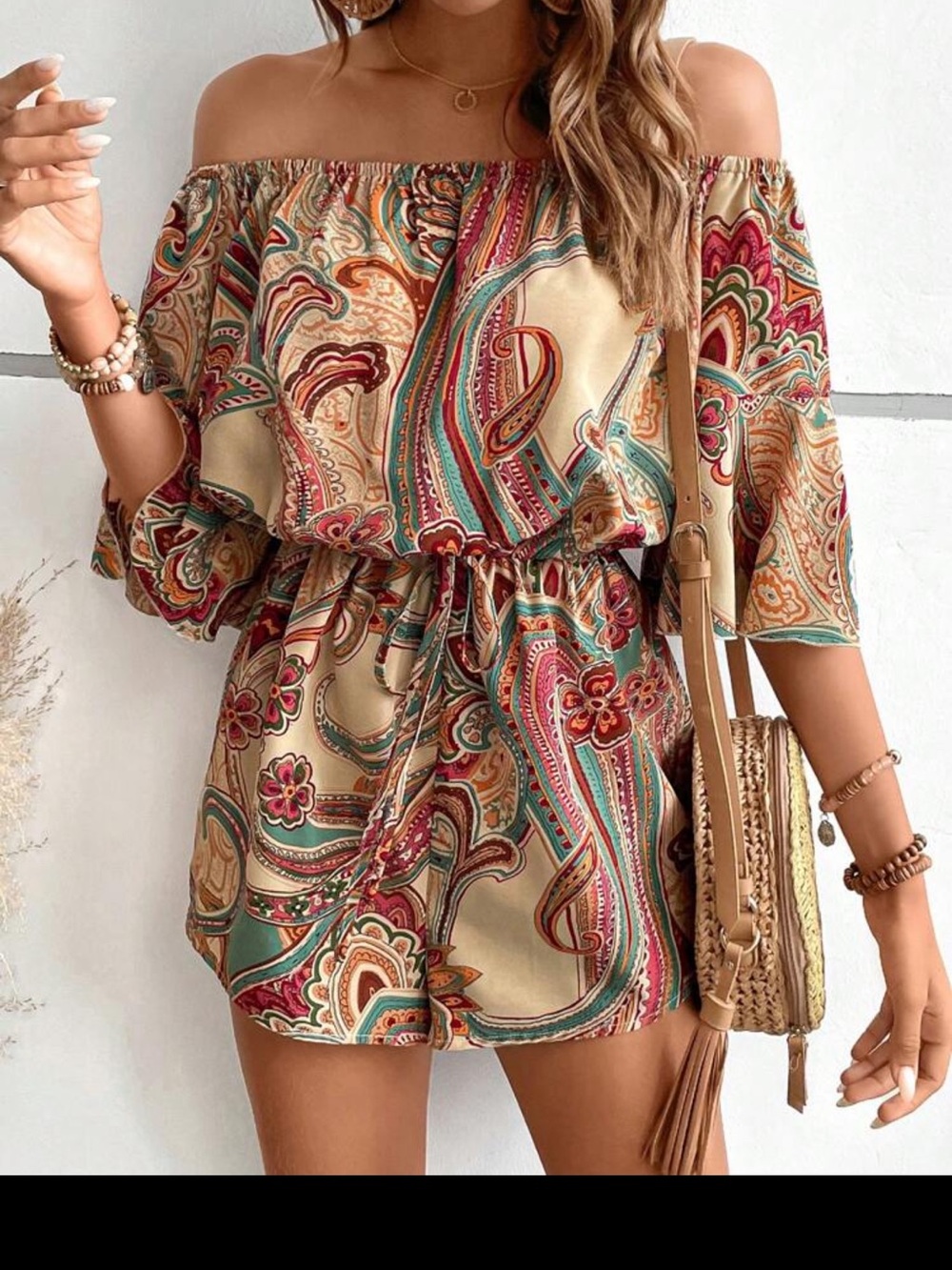 Boho Off-Shoulder Paisley Print Women's Romper- Cream Multi